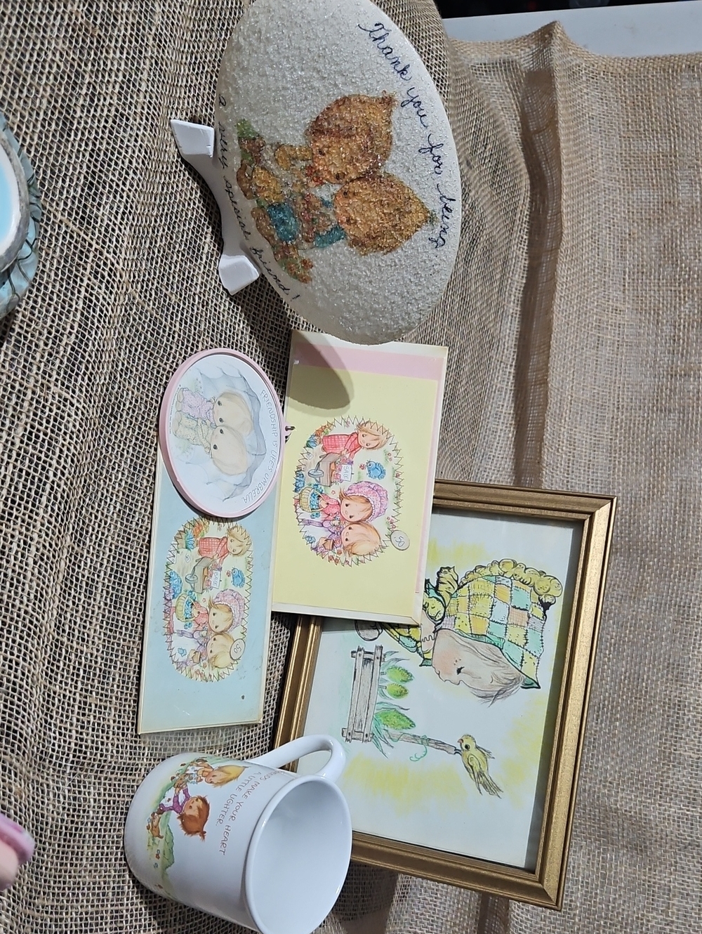 Betsey Clark Collectible Set 1983 Gold Frame, Mug, Easel Art, Cards, Keychain